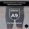 BNQ and ANSI testing overview for Men’s Elite A9 cut-resistant hockey shorts showing verified cut-resistance ratings.