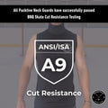 Testing and certification page for Men’s Elite A9 cut-resistant hockey tank top, showing BNQ and ANSI cut-resistance results.
