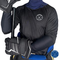 Men’s Elite A9 full hockey tarp in blue neck guard design showing BNQ-tested neck and wrist cut protection.