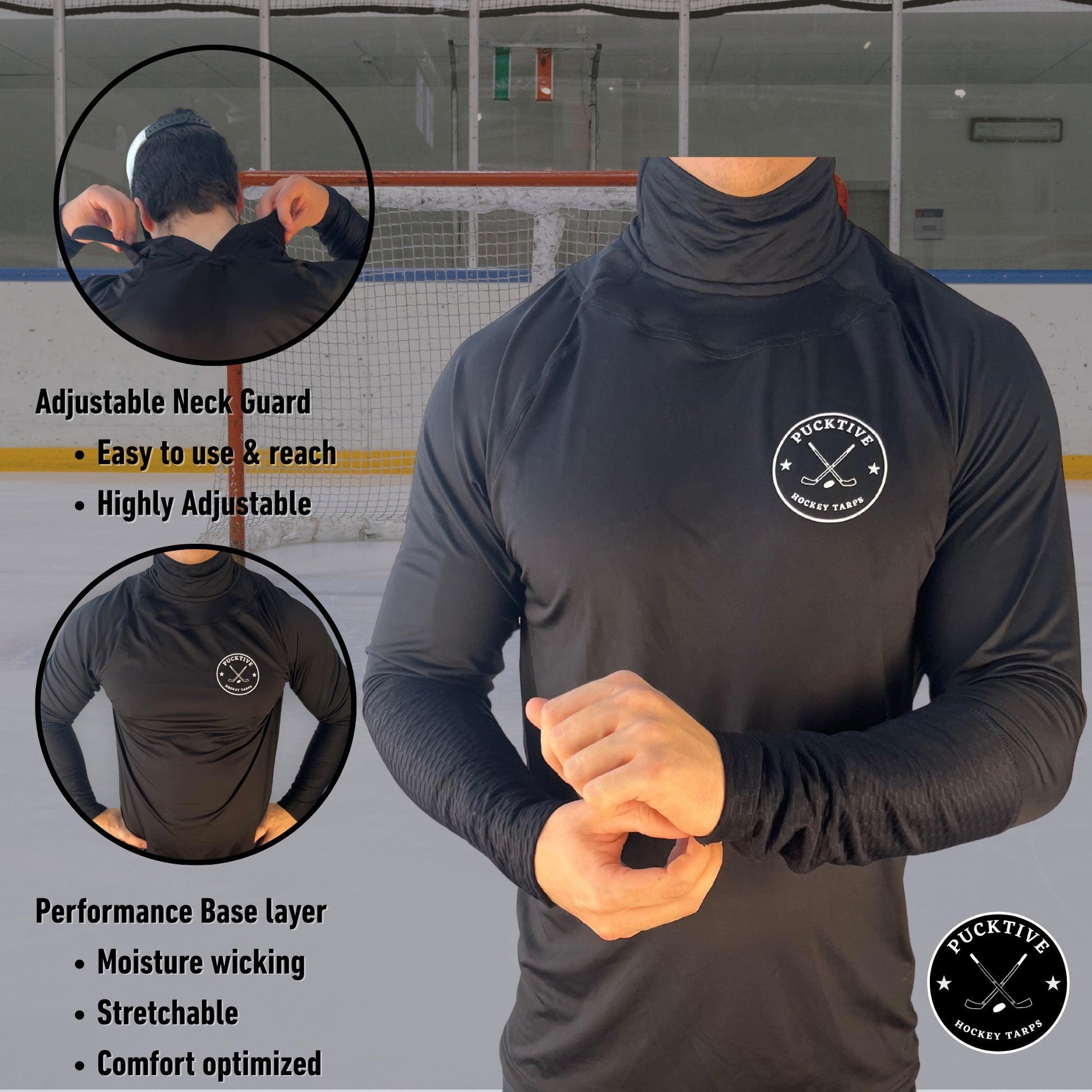 Informational graphic for Pucktive Men’s Elite A9 full hockey tarp highlighting fabric and safety features.