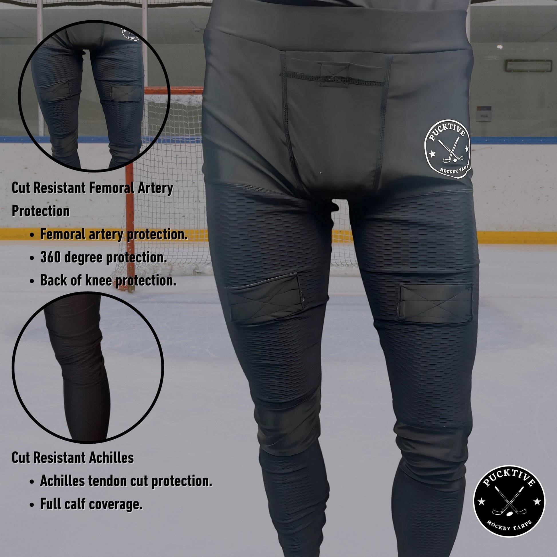 Cut-protection diagram for Men’s Elite A9 goalie jock leggings showing protected zones including groin, thigh, Achilles, and calf.