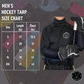 Pucktive Men’s Elite A9 hockey tarp sizing chart showing chest, arm, and torso fit measurements.