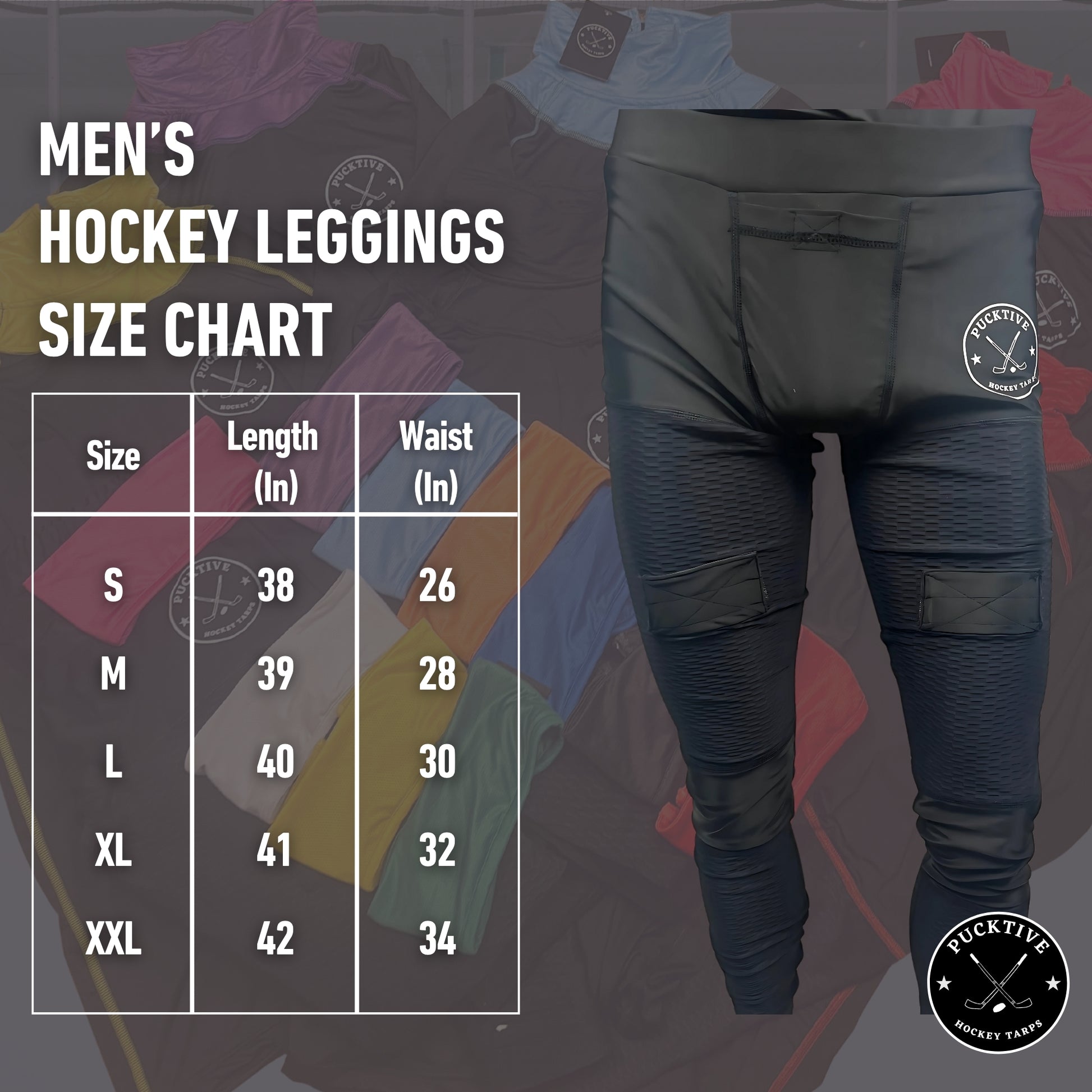 Men's Elite A9 hockey jock leggings size chart with waist, hip, and length measurements.