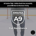 BNQ and ANSI cut-resistance testing information page for Men’s Elite A9 hockey jock leggings.