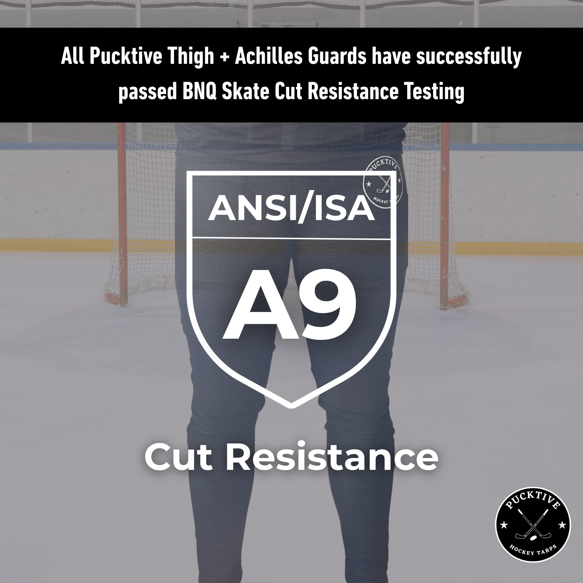 BNQ and ANSI cut-resistance testing information page for Men’s Elite A9 hockey leggings.