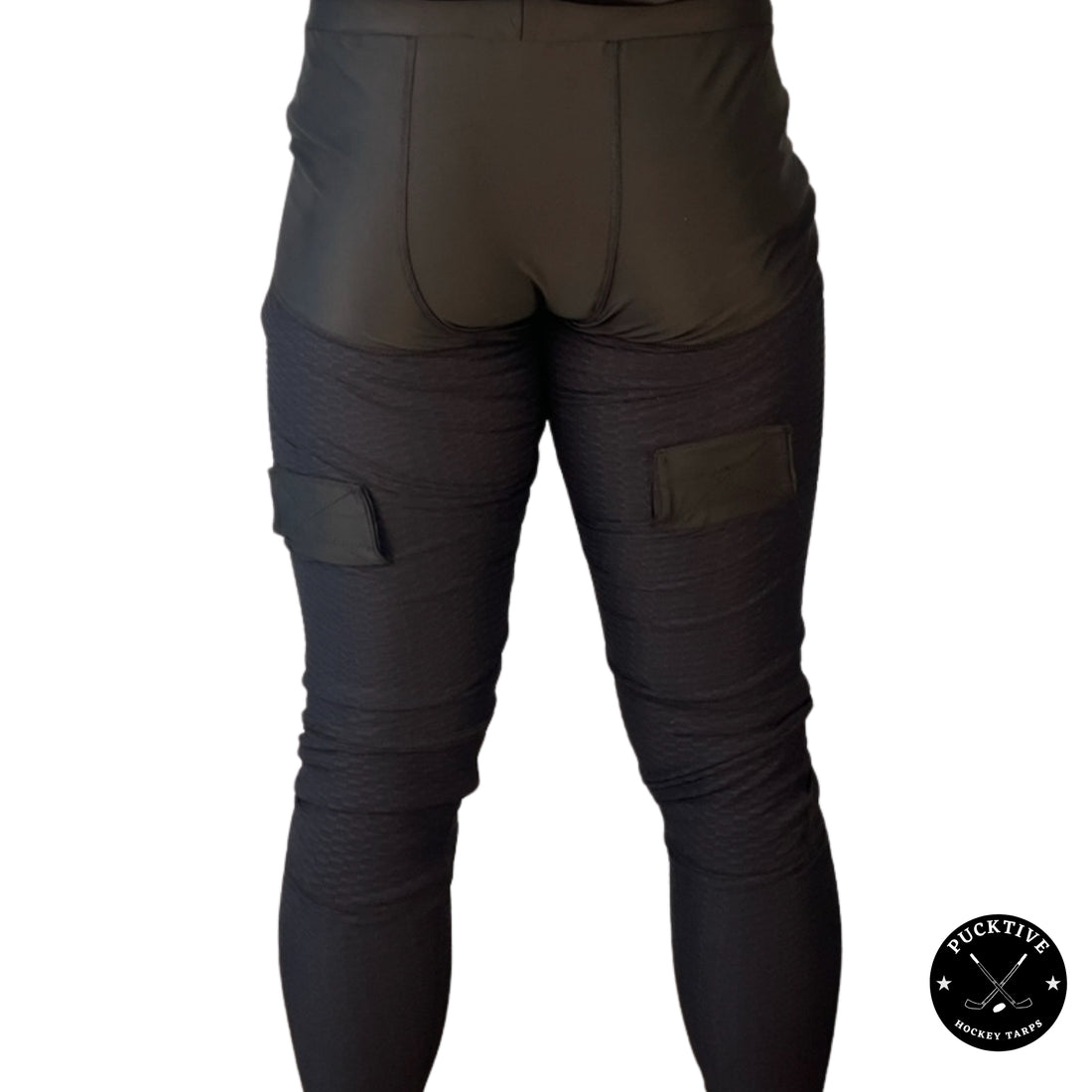 Front view of Men’s Pro A7 cut-resistant goalie jock leggings showing thigh, groin, calf, and Achilles protection zones.