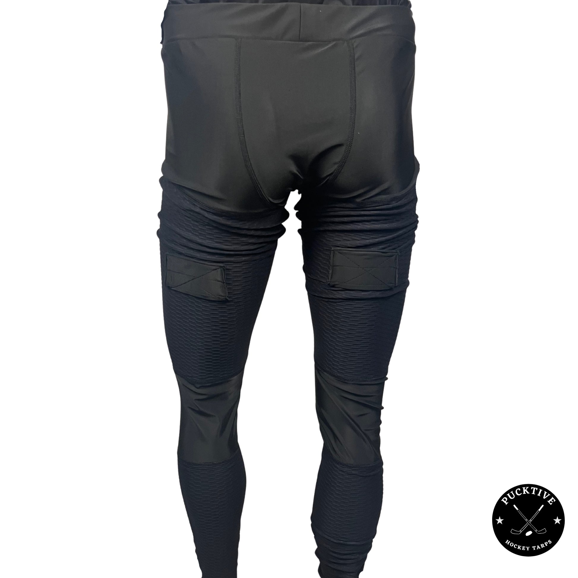 Back view of Men’s Pro A7 cut-resistant hockey jock leggings showing groin, thigh, calf, and Achilles coverage with jock cup pocket.