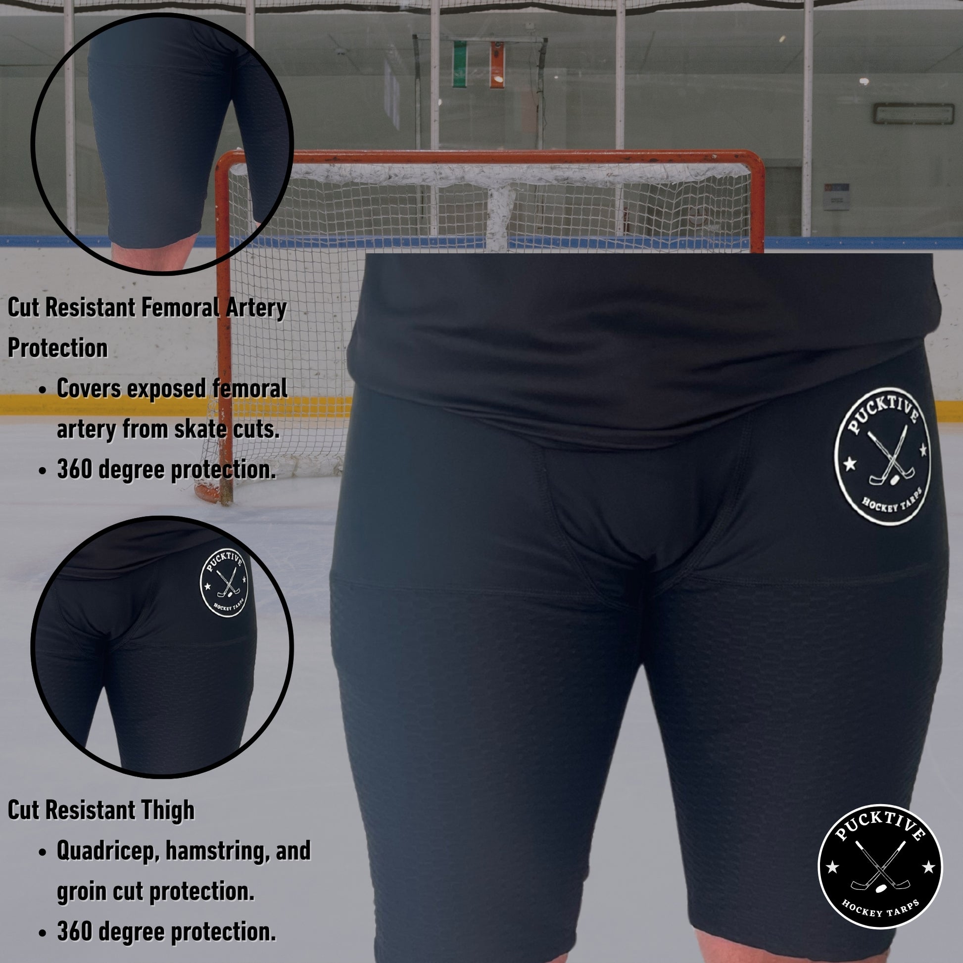 Cut-resistant zones diagram for Men’s Pro A7 hockey shorts showing femoral artery, groin, and thigh protection coverage.