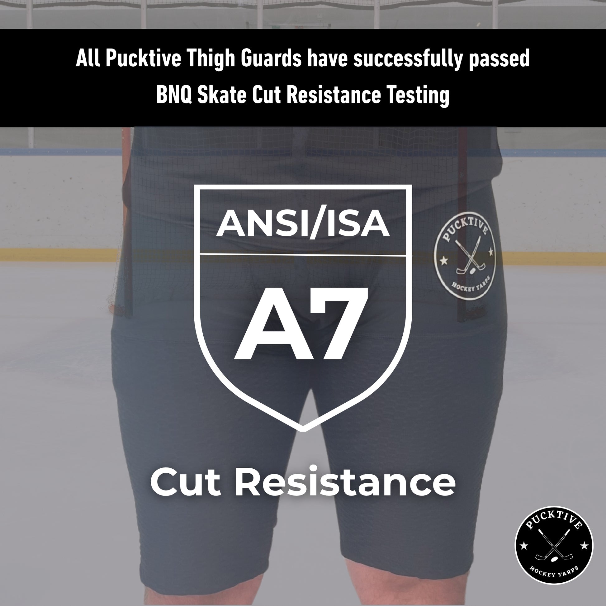 BNQ and ANSI testing overview for Men’s Pro A7 cut-resistant hockey shorts showing verified cut-resistance ratings.