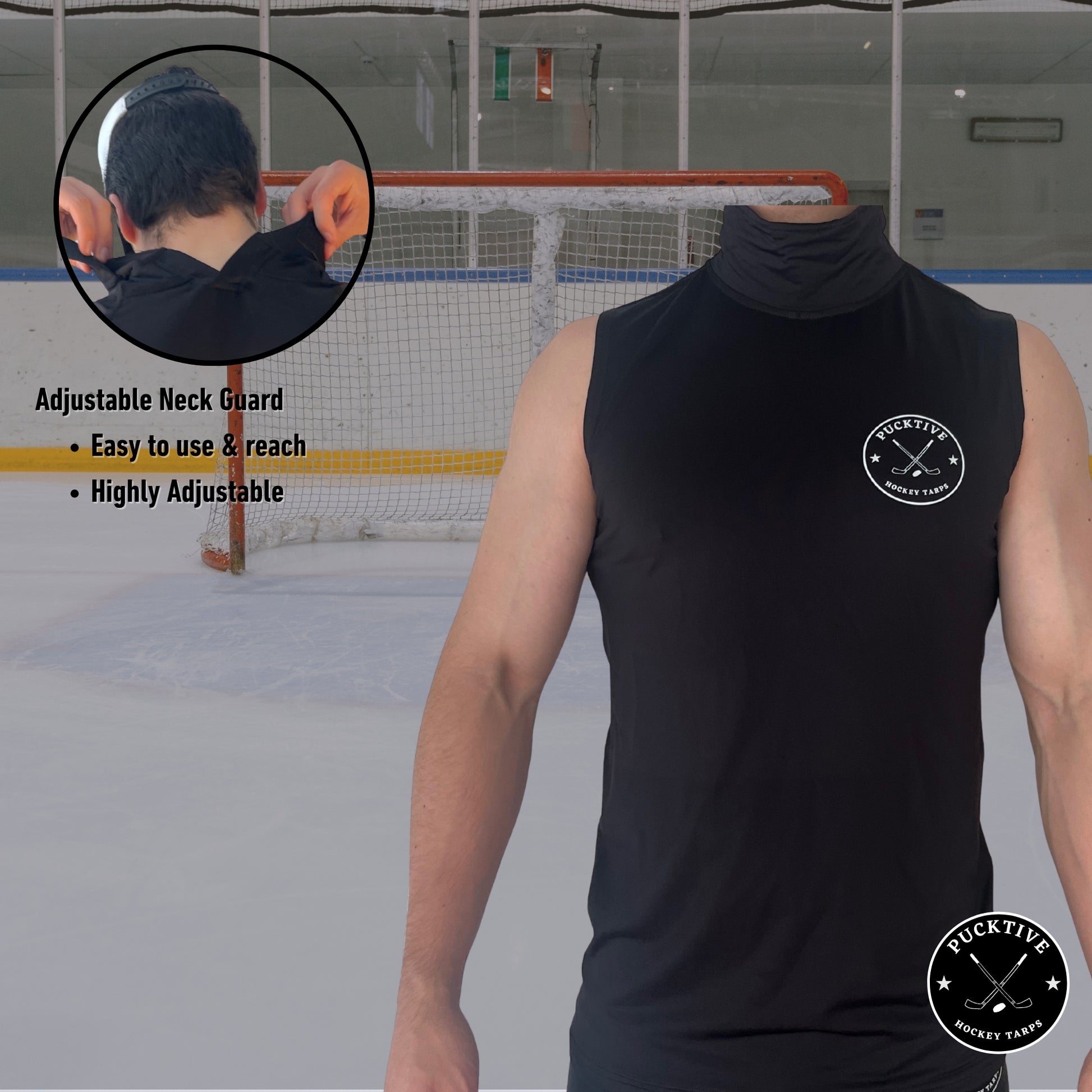 Specifications page for Men’s Pro A7 cut-resistant hockey tank top showing material, fit, and protection details.