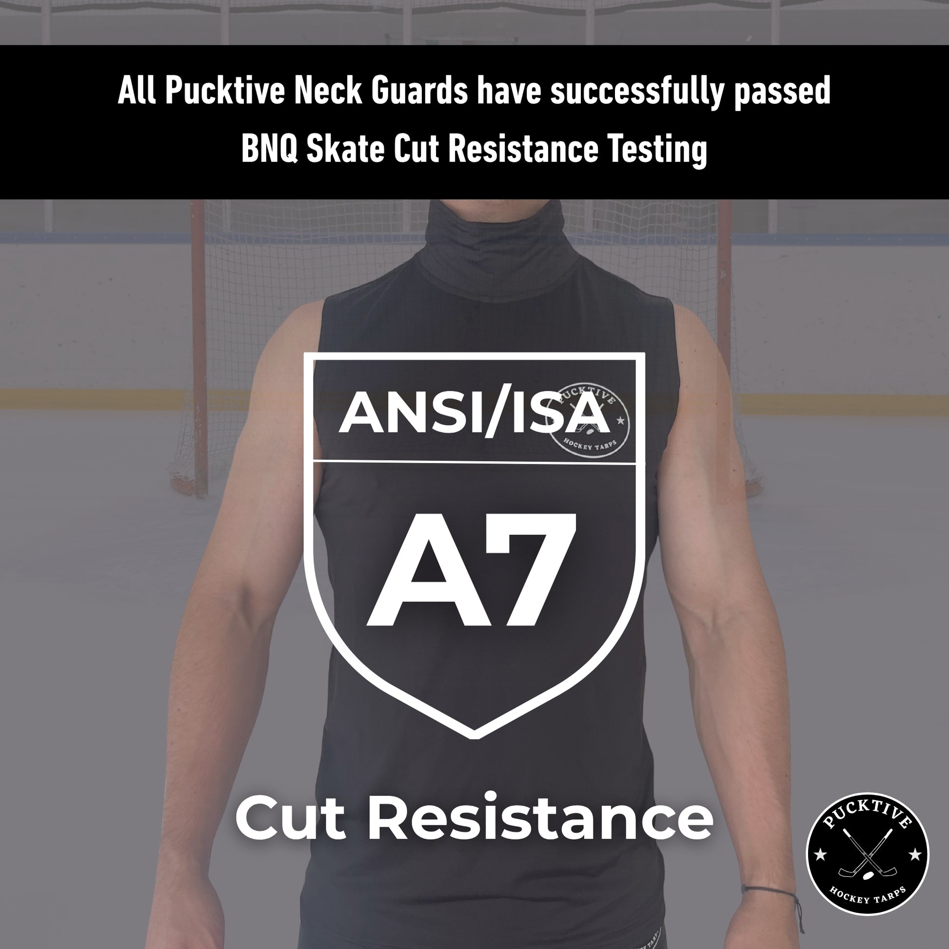 Testing and certification page for Men’s Pro A7 cut-resistant hockey tank top, showing BNQ and ANSI cut-resistance results.