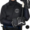 Men’s Pro A7 full hockey tarp in black neck guard design showing BNQ-tested neck and wrist cut protection.
