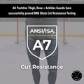Testing overview of Men’s Pro A7 goalkeeper jock leggings demonstrating BNQ cut-resistance and material durability.