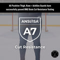 Testing overview of Men’s Pro A7 goalkeeper leggings demonstrating BNQ cut-resistance and material durability.