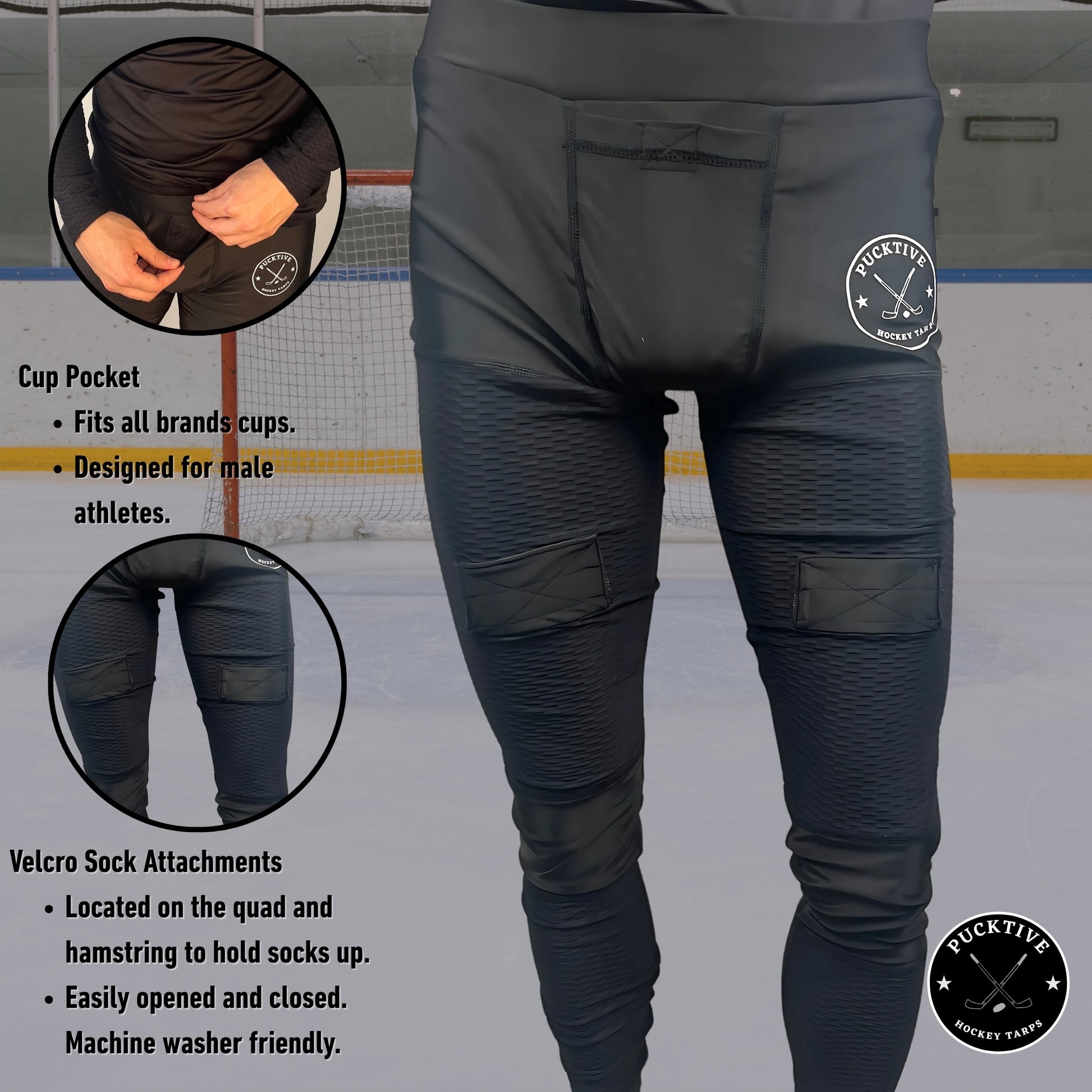 Feature breakdown of Men’s Pro A7 hockey jock leggings highlighting 4-way stretch, moisture-wicking fabric, lightweight design, and jock cup pocket with Velcro sock tabs.
