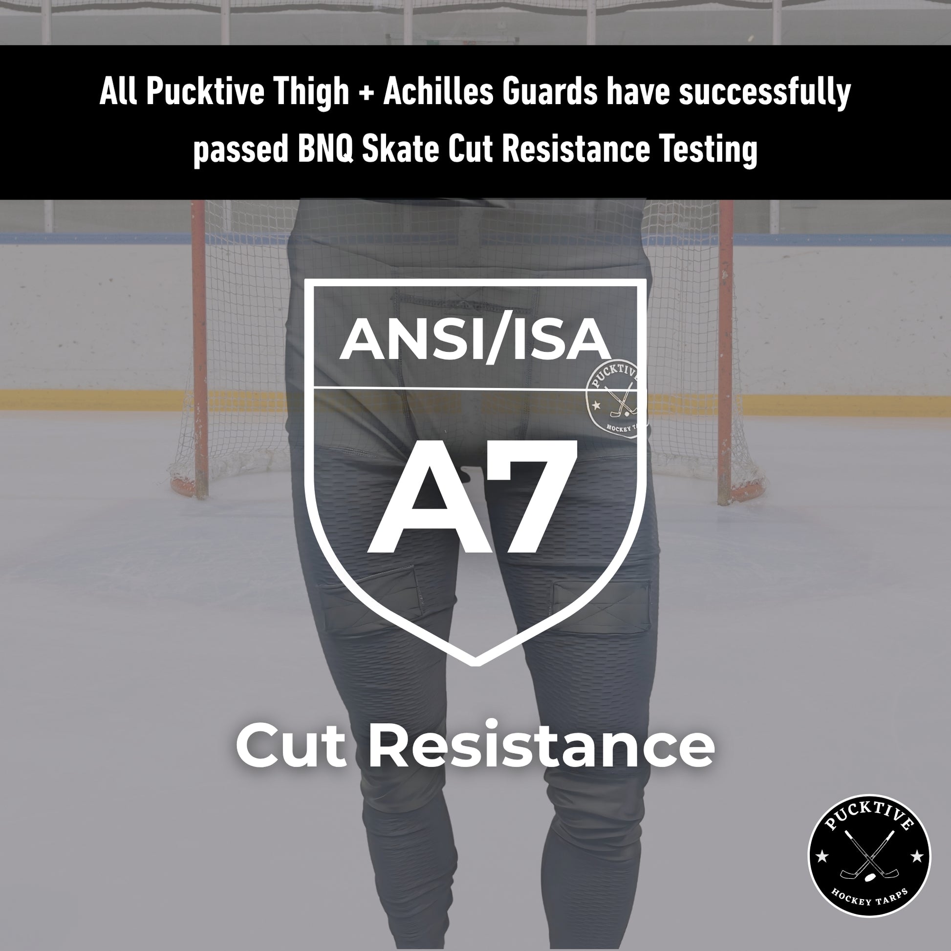 BNQ and ANSI cut-resistance testing information page for Men’s Pro A7 hockey jock leggings.