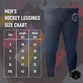 Men's Pro A7 hockey leggings size chart with waist, hip, and length measurements.