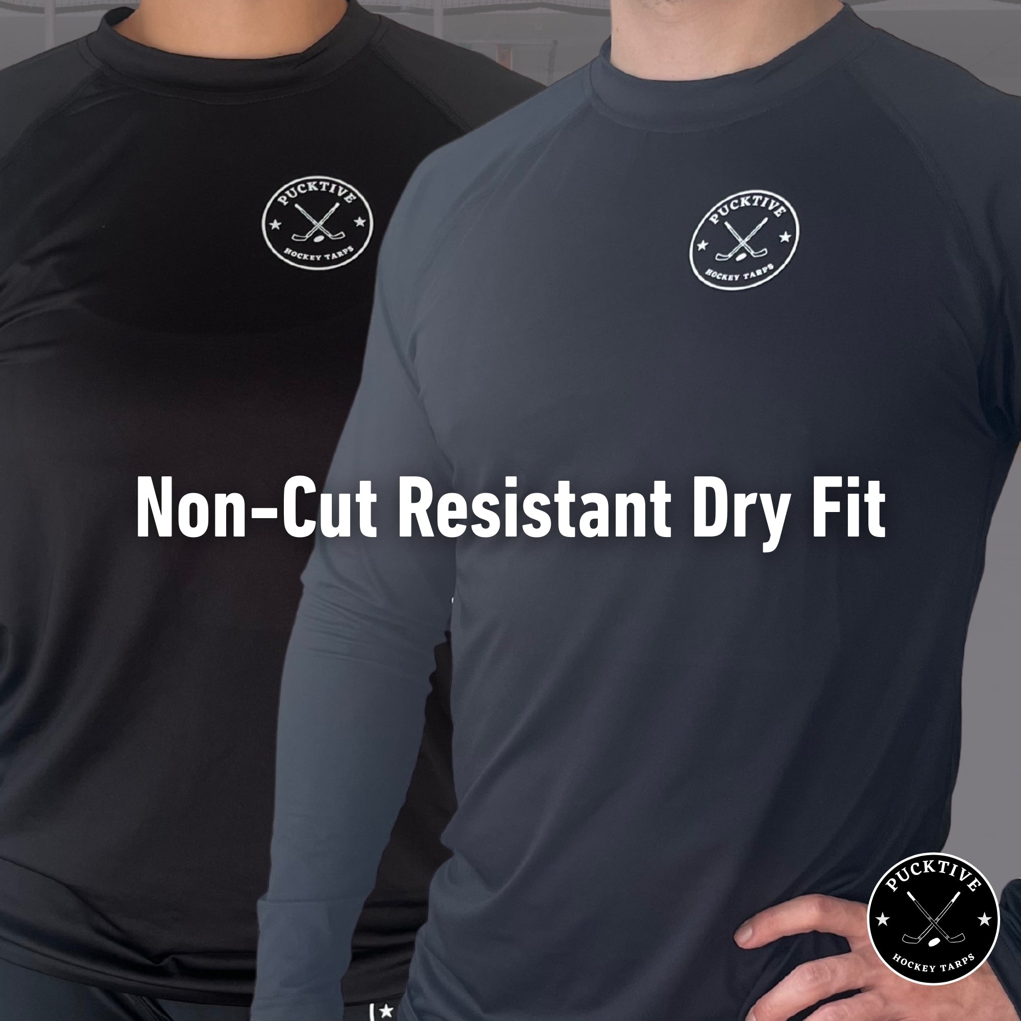 Two black long-sleeve shirts with a pucktive logo on the chest, labeled 'Non-Cut Resistant Dry Fit'.