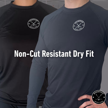 Two black long-sleeve shirts with a pucktive logo on the chest, labeled 'Non-Cut Resistant Dry Fit'.
