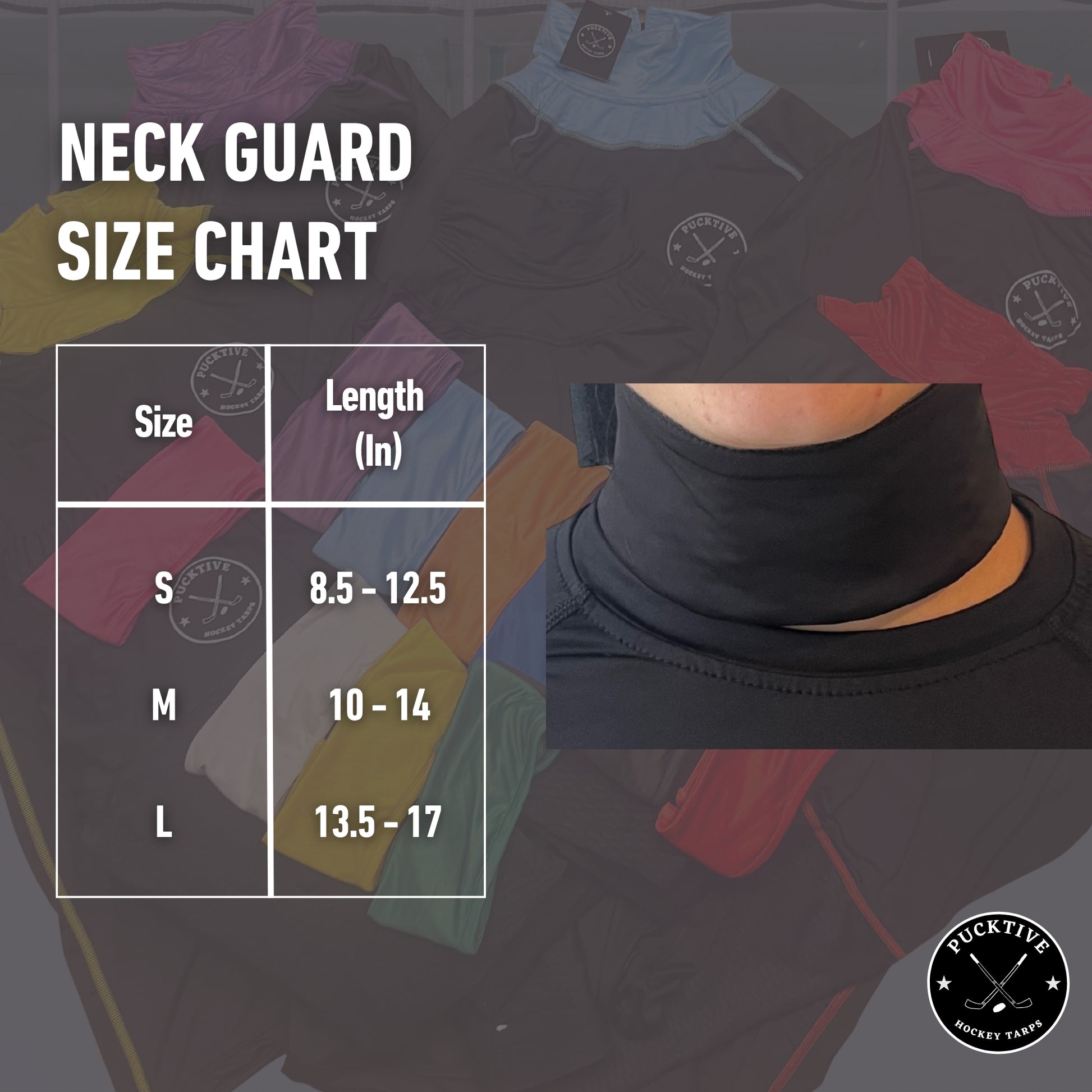 Pucktive neck guard sizing diagram showing how to measure neck circumference for correct fit selection.