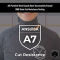 BNQ-tested and ANSI A7 rated certification page for Pucktive cut-resistant hockey neck guards.