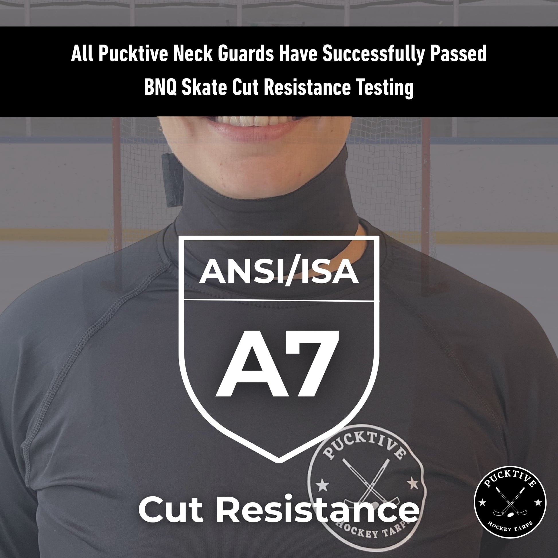BNQ-tested and ANSI A7 rated certification page for Pucktive cut-resistant hockey neck guards.