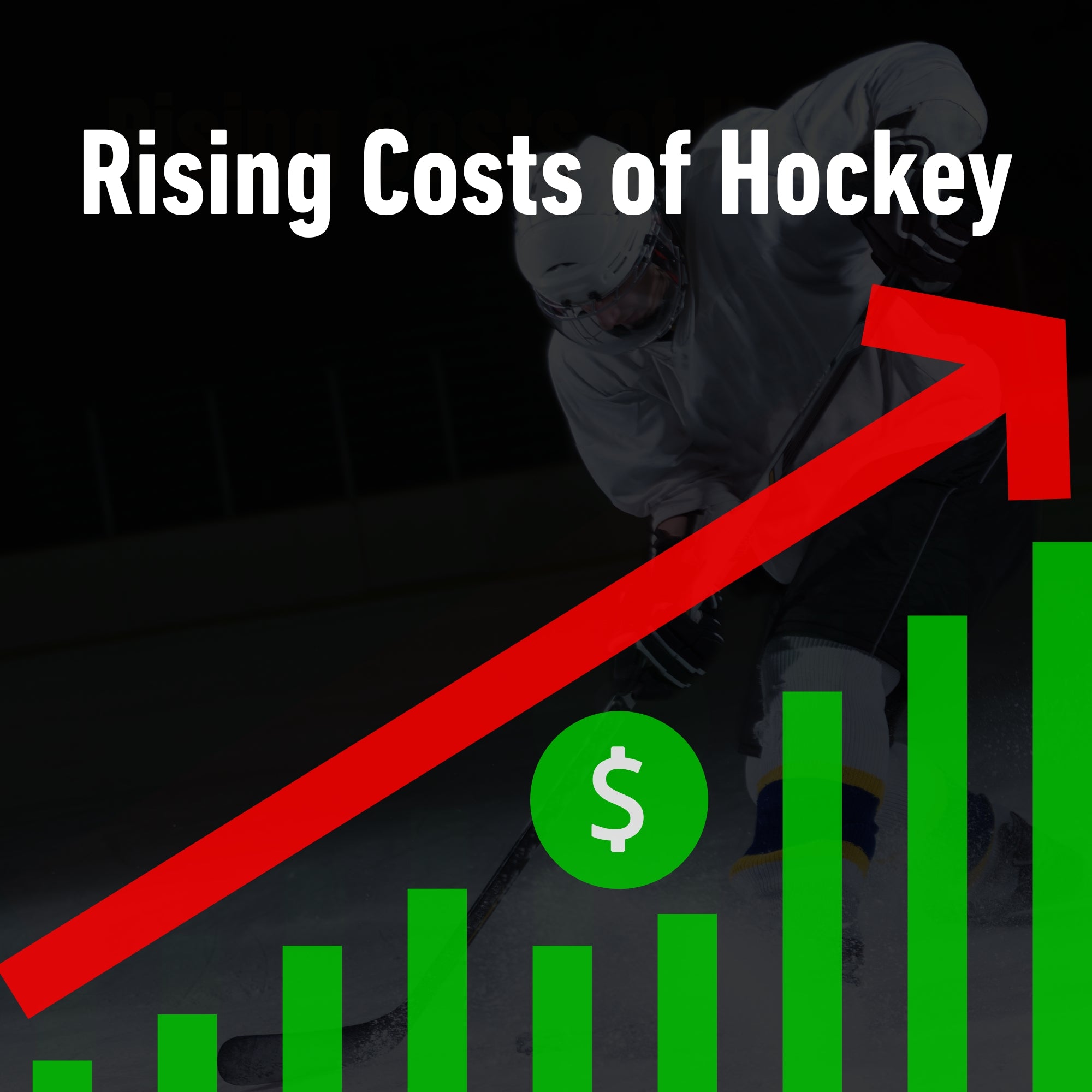 Person in hockey gear with rising costs of hockey text and graph on a dark background.