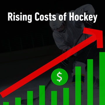 Person in hockey gear with rising costs of hockey text and graph on a dark background.