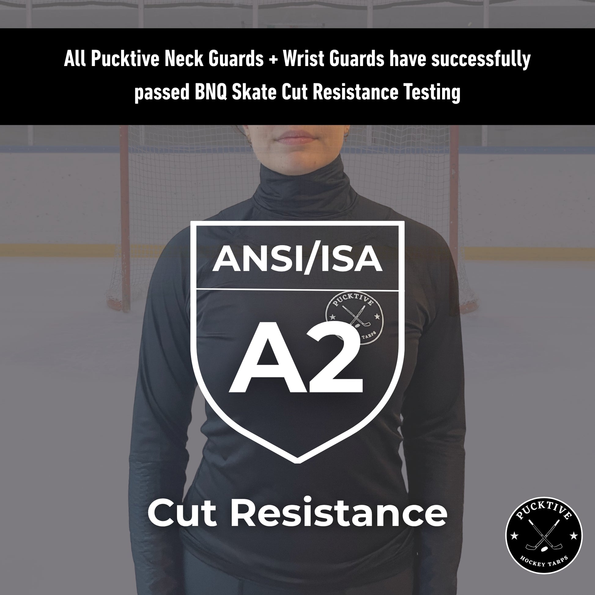 Cut protection diagram explaining ANSI A2 and BNQ-tested cut resistance in Pucktive Base hockey tarps.