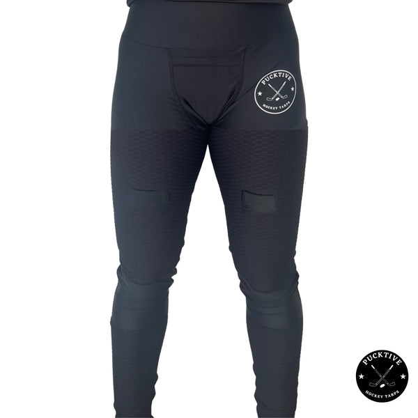 Front view of Women’s Base A2 cut-resistant goalie jill leggings showing thigh, groin, calf, and Achilles protection zones.