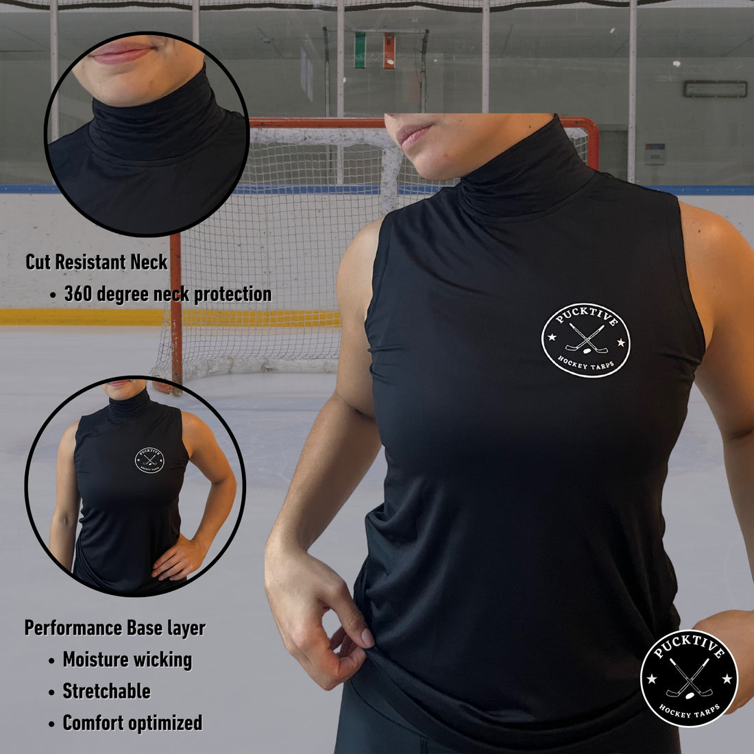 Front view of Women’s Base A2 cut-resistant hockey tank top showing neck cut-protection design in black.