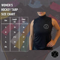 Size chart for Women’s Base A2 cut-resistant hockey tank top with measurement guide.