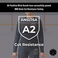 Testing overview of the Women’s Base A2 cut-resistant wrist hockey shirt demonstrating BNQ and ANSI performance.