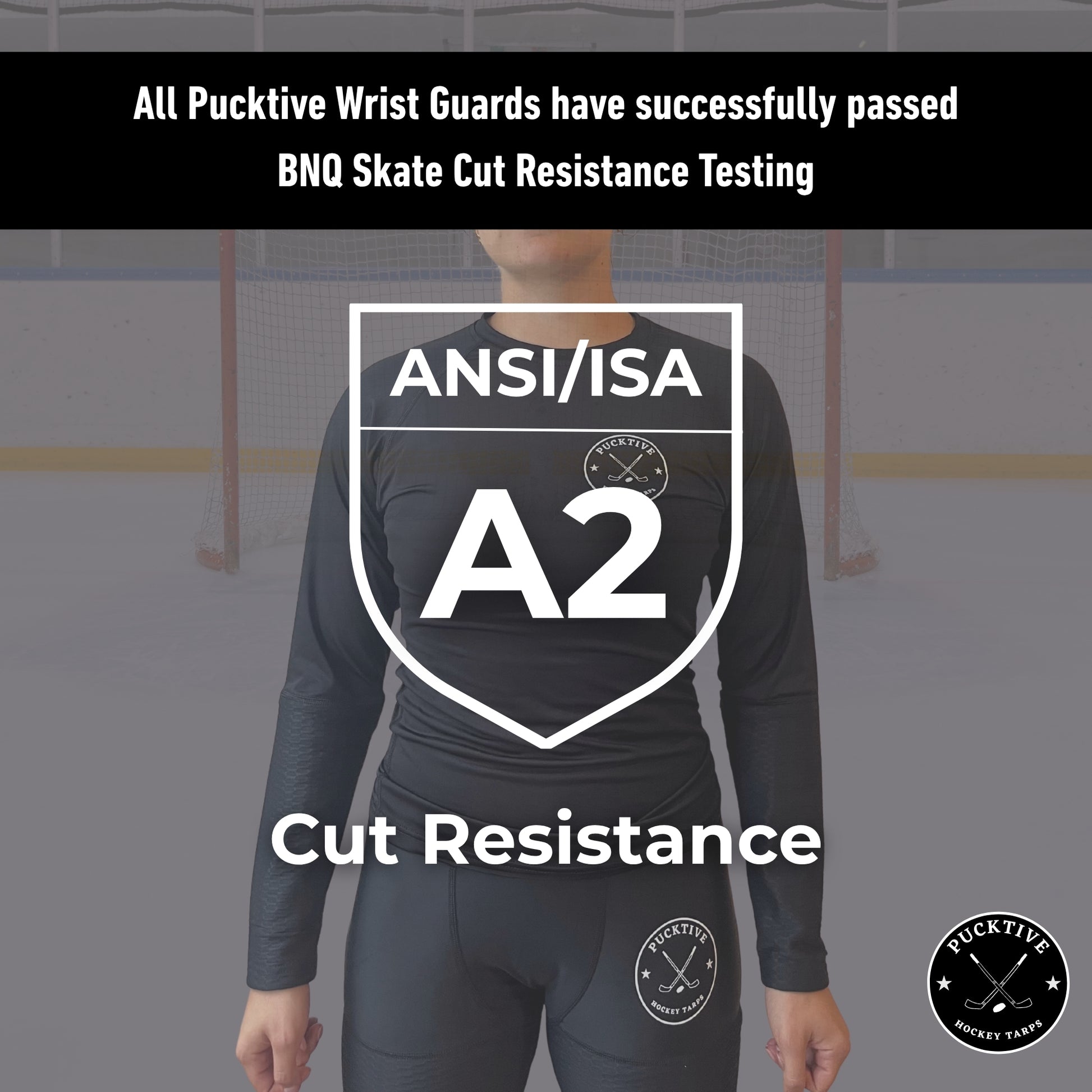 Testing overview of the Women’s Base A2 cut-resistant wrist hockey shirt demonstrating BNQ and ANSI performance.