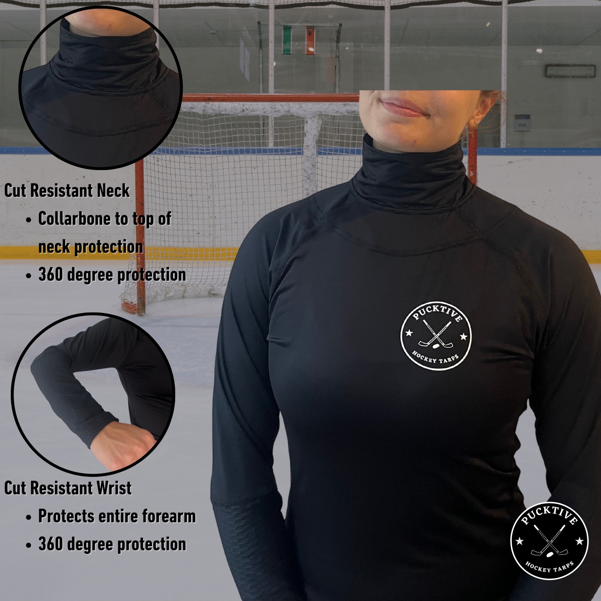 Diagram illustrating Pucktive’s patent-pending cut-resistant zones on Women’s Base A2 full hockey tarp.