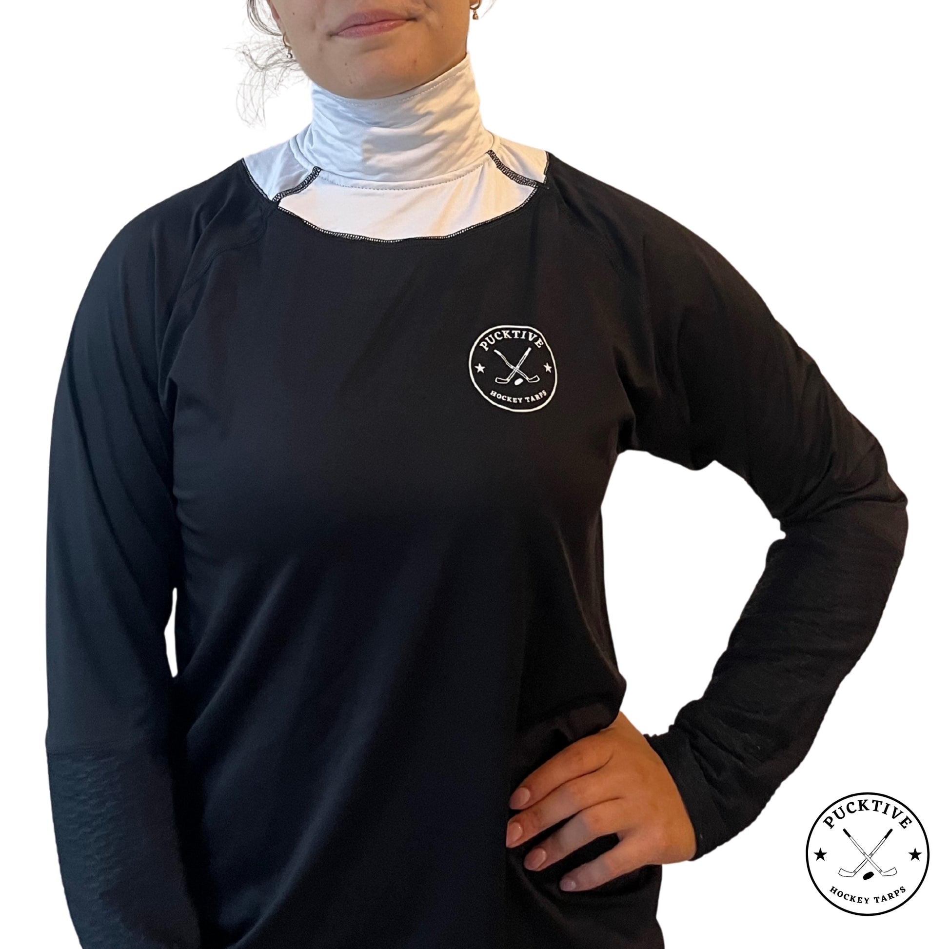 Women’s Base A2 full hockey tarp in white neck guard design showing BNQ-tested neck and wrist cut protection.