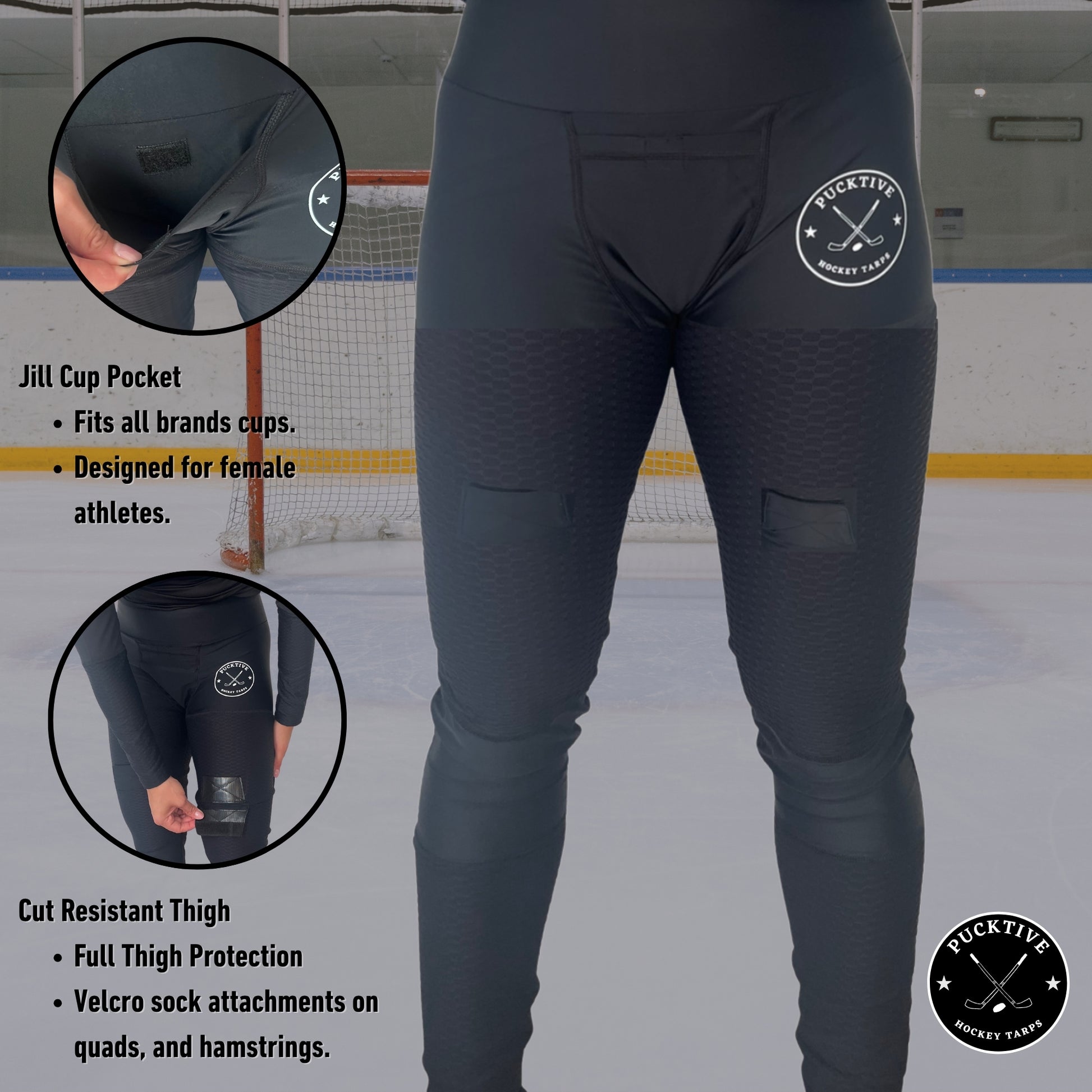 Feature overview of Women’s Base A2 goalie jill leggings including cut-resistant fabric, moisture-wicking material, four-way stretch, and built-in cup pocket with Velcro sock tabs.