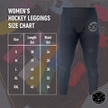 Women's Base A2 hockey jill leggings size chart with waist, hip, and length measurements.