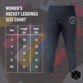 Women's Base A2 hockey jill leggings size chart with waist, hip, and length measurements.