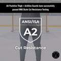 BNQ and ANSI cut-resistance testing information page for Women’s Base A2 hockey jill leggings.