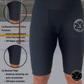 Cut-resistant zones diagram for Women’s Base A2 hockey shorts showing femoral artery, groin, and thigh protection coverage.