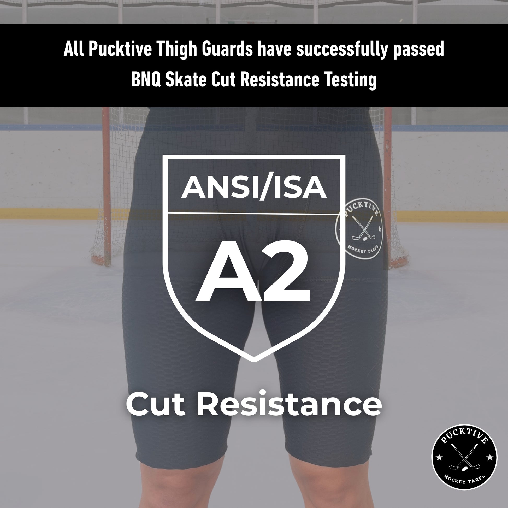 BNQ and ANSI testing overview for Women’s Base A2 cut-resistant hockey shorts showing verified cut-resistance ratings.