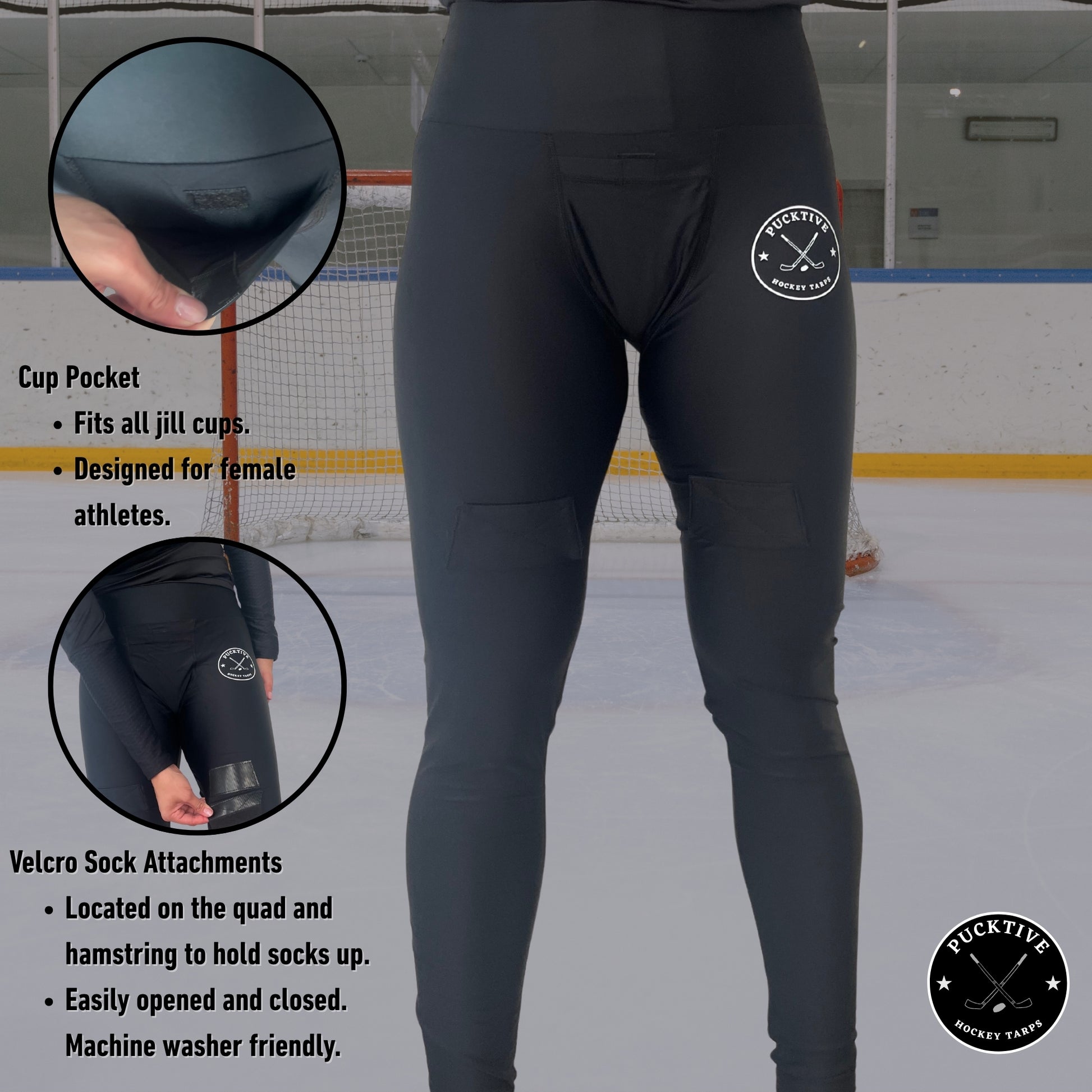 General information page for women’s dry fit hockey jill leggings describing performance fabric, breathability, and compression fit.