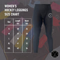 Women’s dry fit hockey jill leggings size chart showing waist, hip, and length measurements.