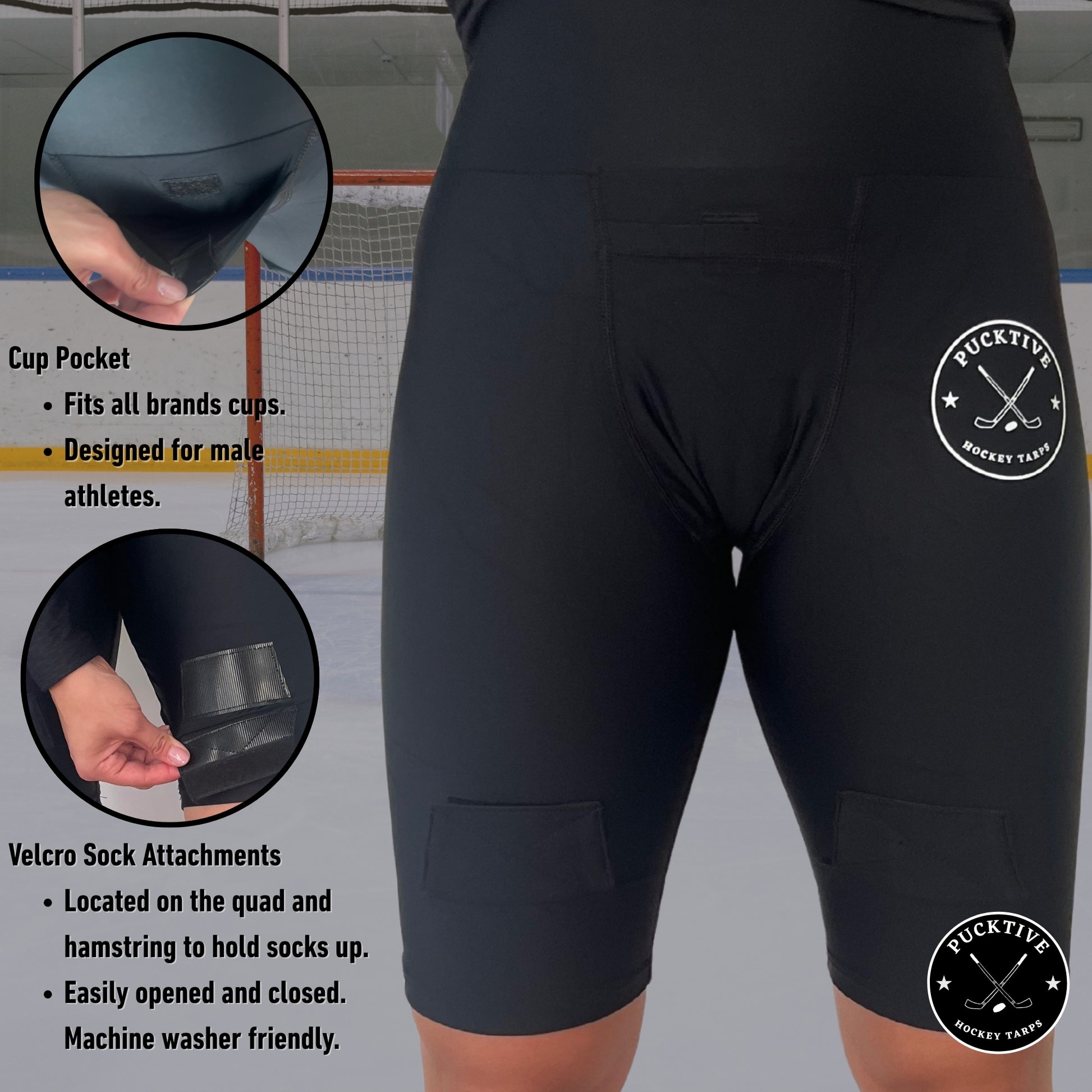 Specification graphic for Women’s Dry-Fit Hockey Jill Shorts showing moisture-wicking performance details and athletic fit features.