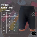 Size chart for Women’s Dry-Fit Hockey Jill Shorts with waist measurements and fit guidelines.