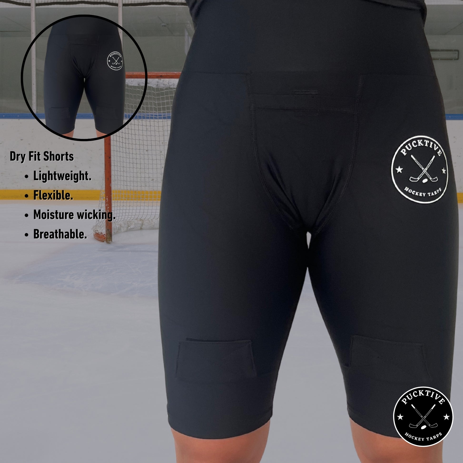 Women’s Dry-Fit Hockey Jill Shorts information graphic detailing lightweight design, moisture-wicking fabric, and cup pocket features.