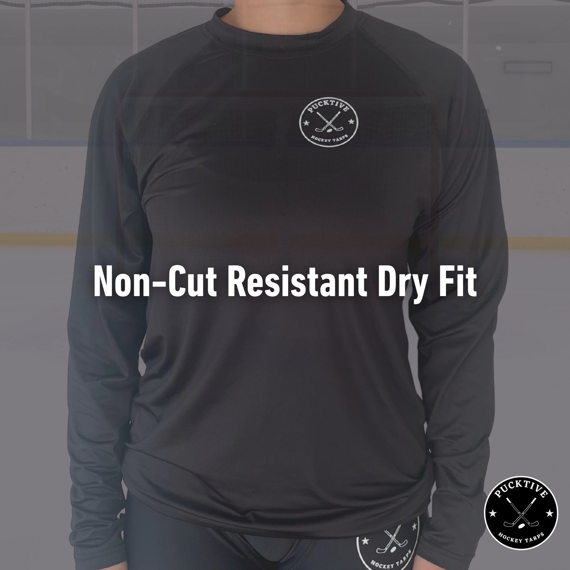 Specification page for Women's Dry Fit long sleeve hockey shirt detailing fabric, fit, and performance features.