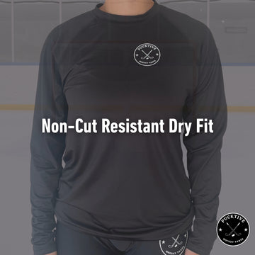 Specification page for Women's Dry Fit long sleeve hockey shirt detailing fabric, fit, and performance features.