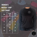 Size chart for Women's Dry Fit long sleeve hockey shirt with measurements for youth fit.